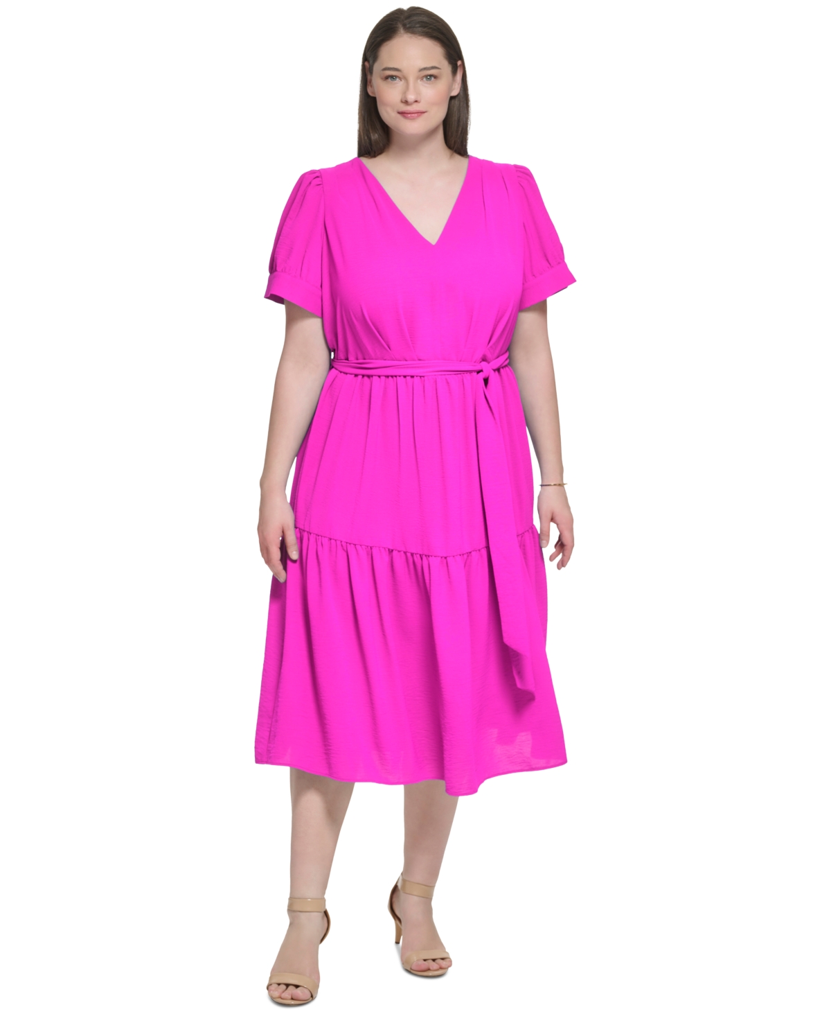 dkny tiered tie neck dress