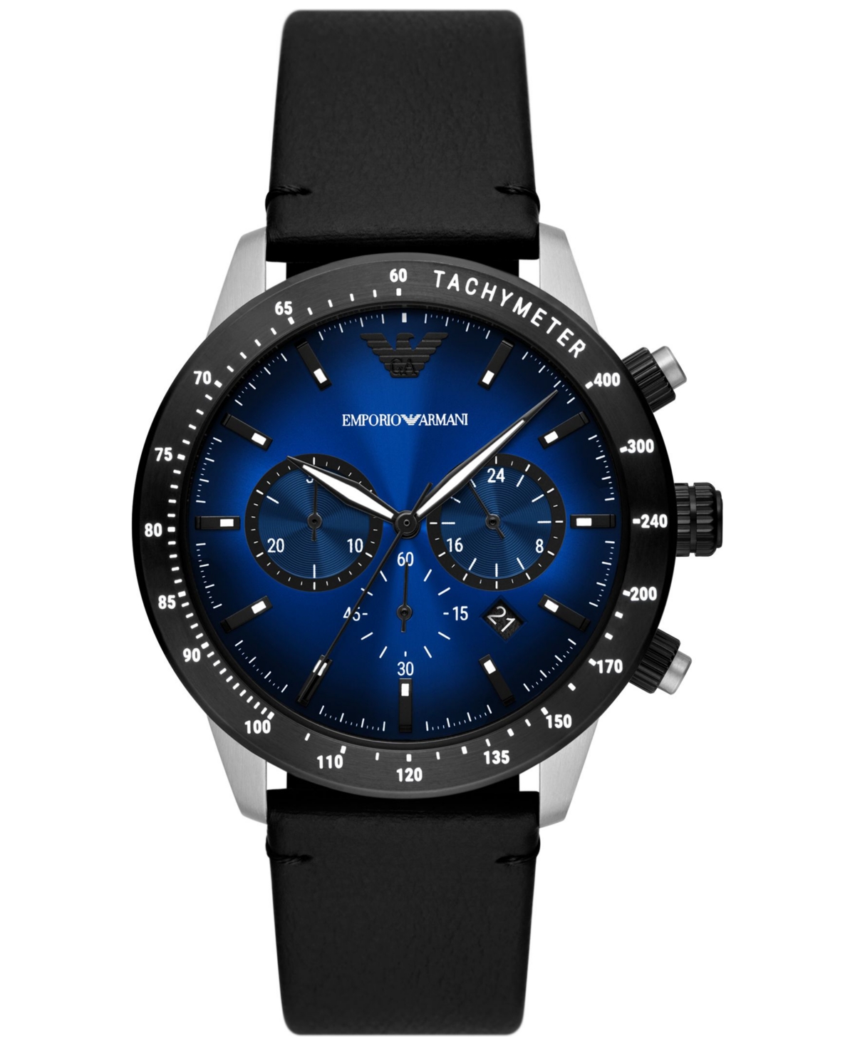Men's Chronograph Black Leather Strap Watch 43mm - Black