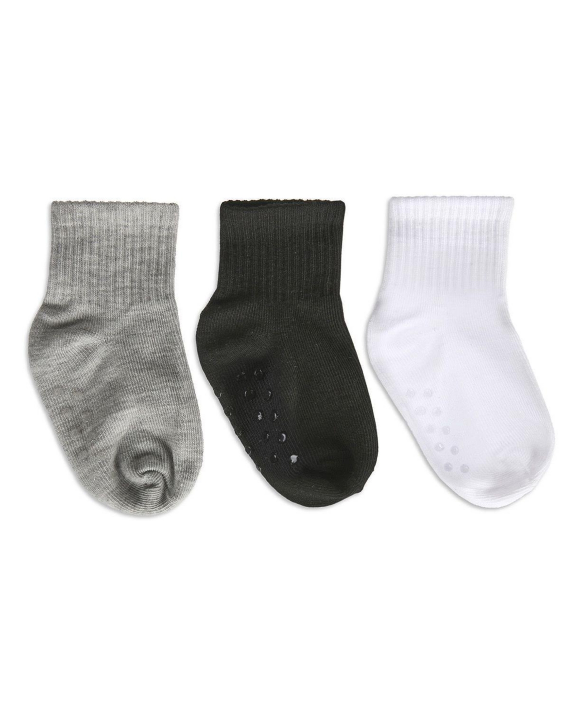 MeMoi Little Girls 3 Pairs Unisex Ribbed Non-Skid Ankle Socks - White-Black-Gray