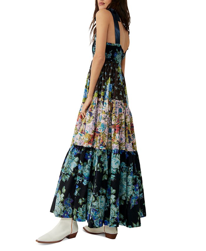 Teal Green Floral Hand Block Print Cotton Maxi Dress – Boho Tiered Indian Artisan Dress with Puff Sleeves main image 1