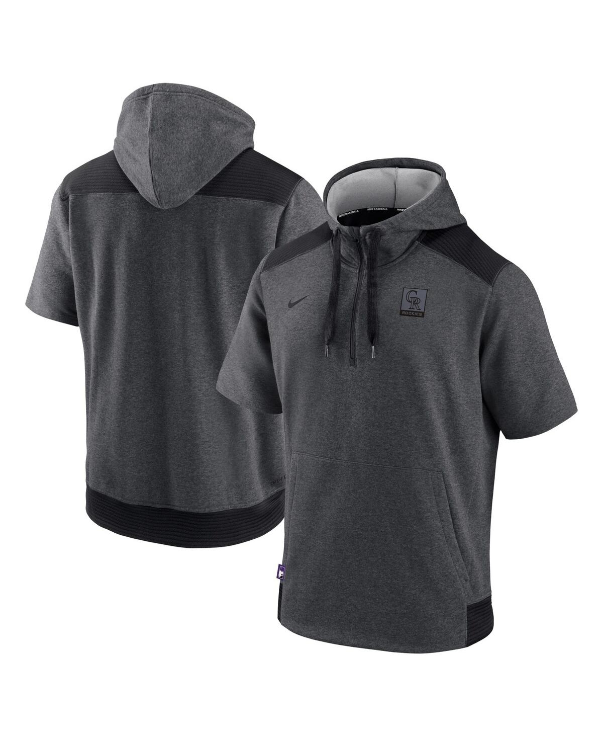 Men's Nike Black Colorado Rockies Authentic Collection Dry Flux Performance Quarter-Zip Short Sleeve Hoodie - Heathered Charcoal