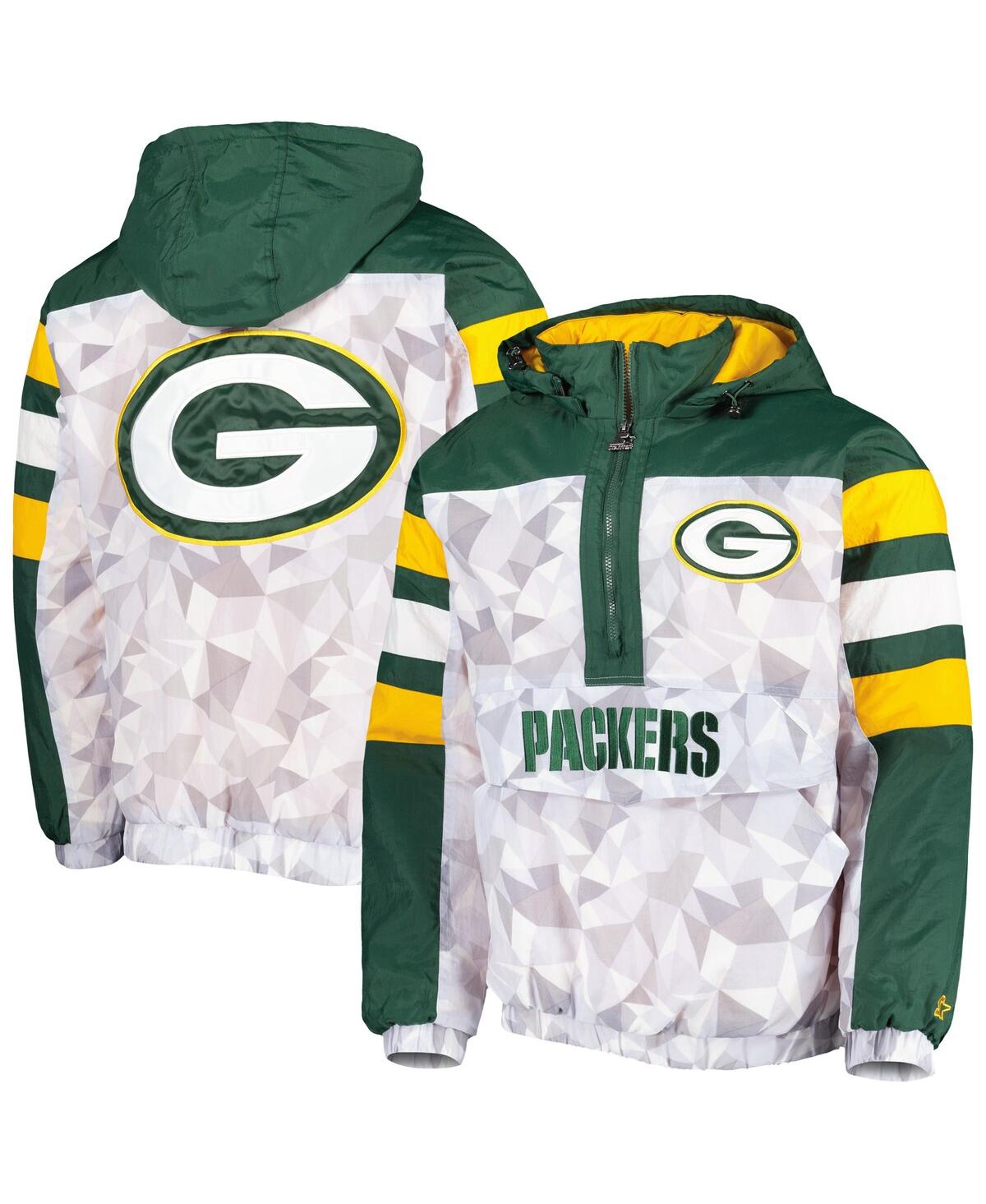 Starter Men's  White, Green Green Bay Packers Thursday Night Gridiron Raglan Half-zip Hooded Jacket In White,green