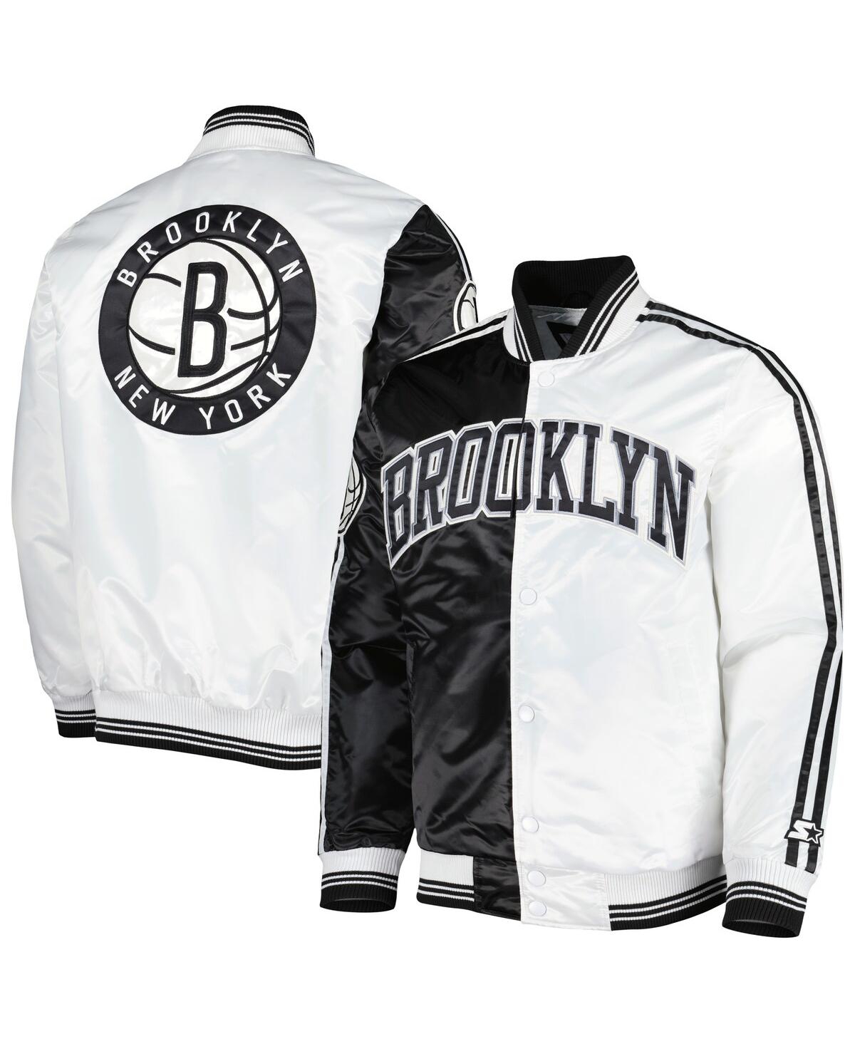 Shop Starter Men's  Black, White Brooklyn Nets Fast Break Satin Full-snap Jacket In Black,white