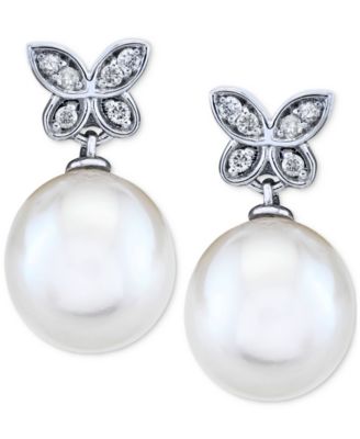 Cultured Freshwater Pearl (9mm) and Diamond (1/10 ct. t.w.) Butterfly Drop Earrings in 14k White Gold