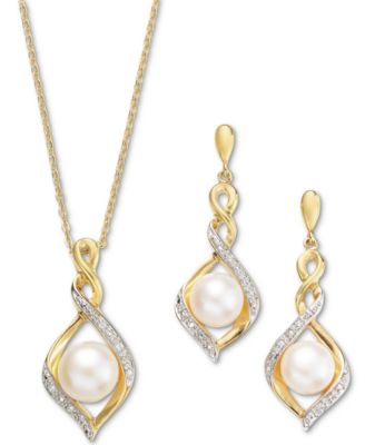 Cultured Freshwater Pearl 7mm Cubic Zirconia Infinity Twist Pendant Necklace Matching Stud Earrings In 14k Two Tone Gold Plated Sterling Silver