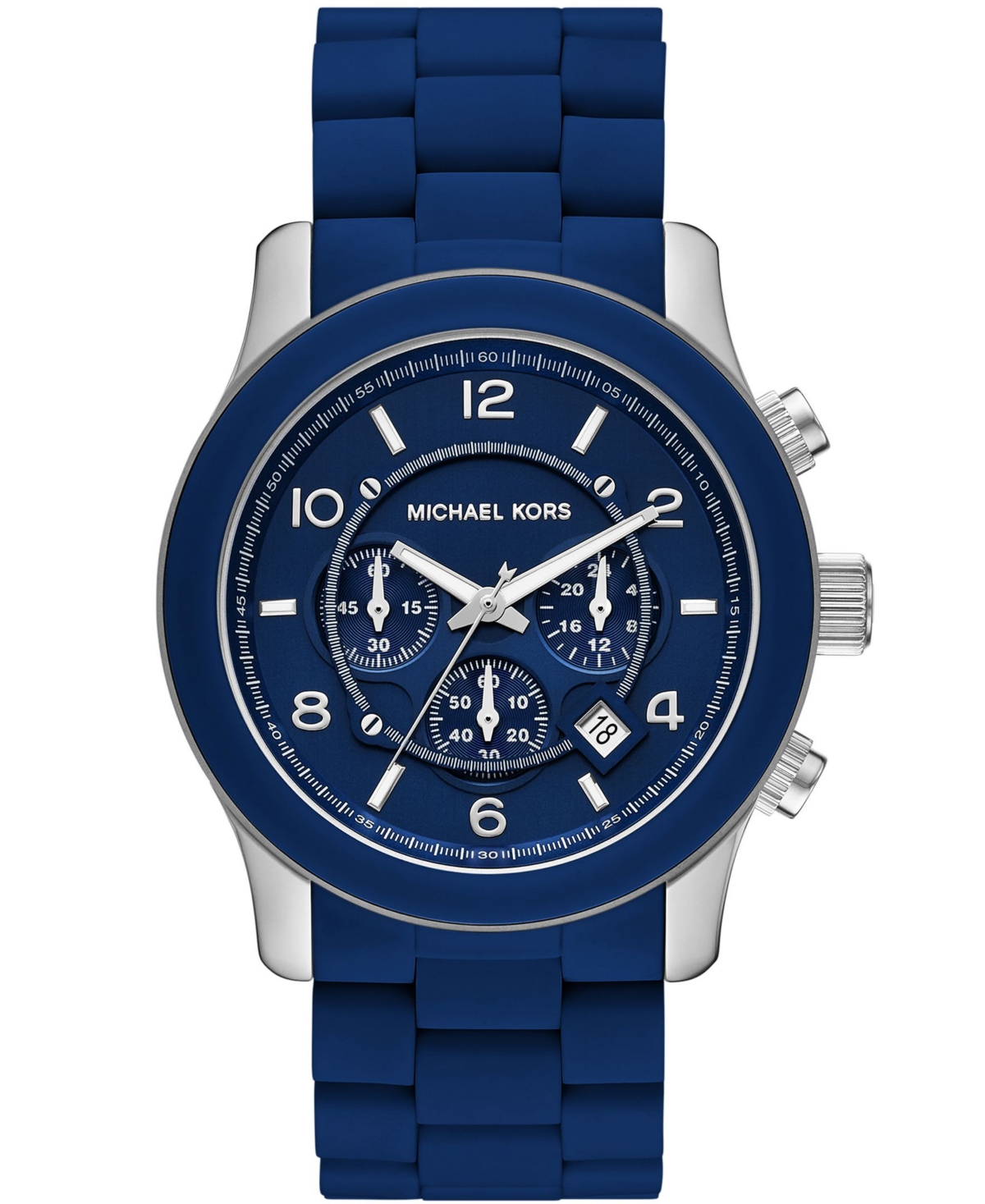 Michael Kors Unisex Runway Chronograph Navy Silicone-wrapped Stainless Steel Watch 45mm In Blue