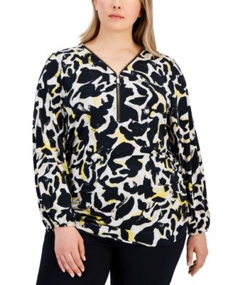 JM Collection - Plus Size Printed Zip-Front Top