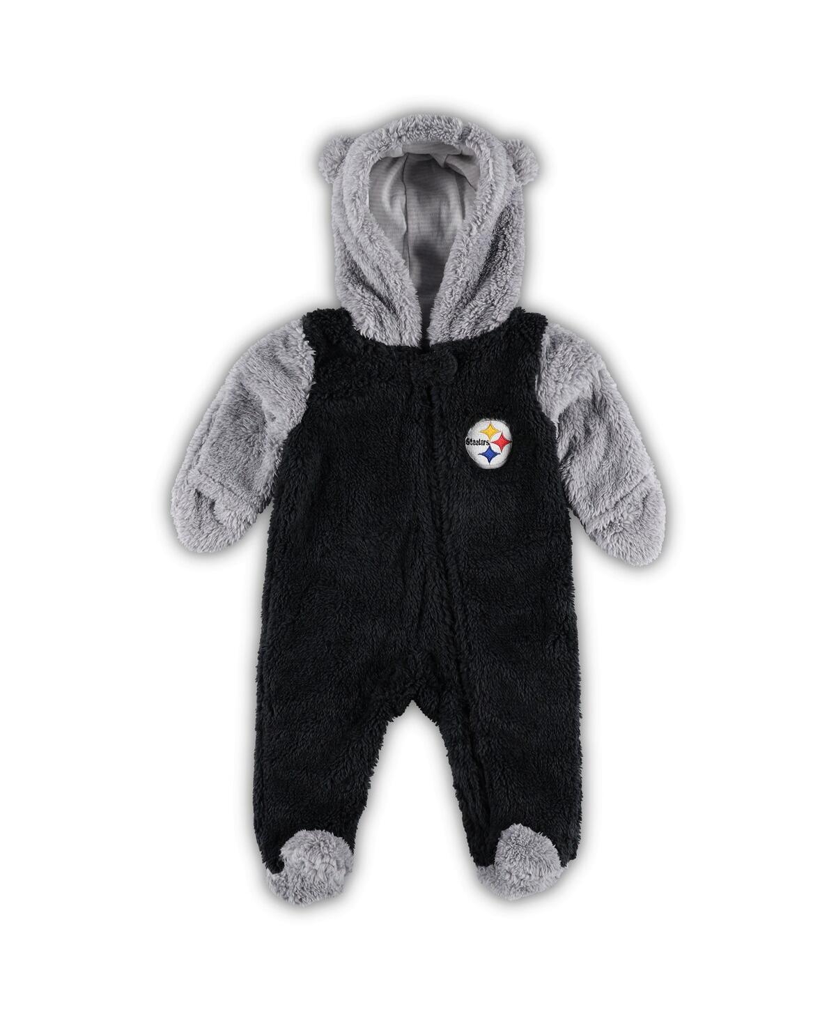 Shop Outerstuff Newborn Infant Boys And Girls Black, Gray Pittsburgh Steelers Game Nap Teddy Fleece Bunting Full-zip In Black,gray