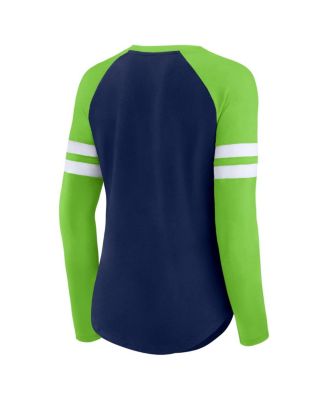 Women's College Navy, Neon Green Seattle Seahawks True to Form Raglan Lace-Up V-Neck Long Sleeve T-shirt