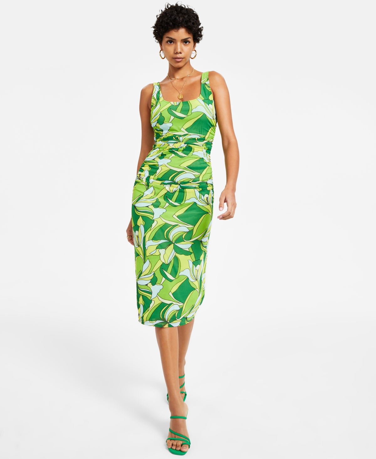 Bar Iii Women's Printed Ruched Pullover Mesh Midi Dress, Created For Macy's In Green Chili