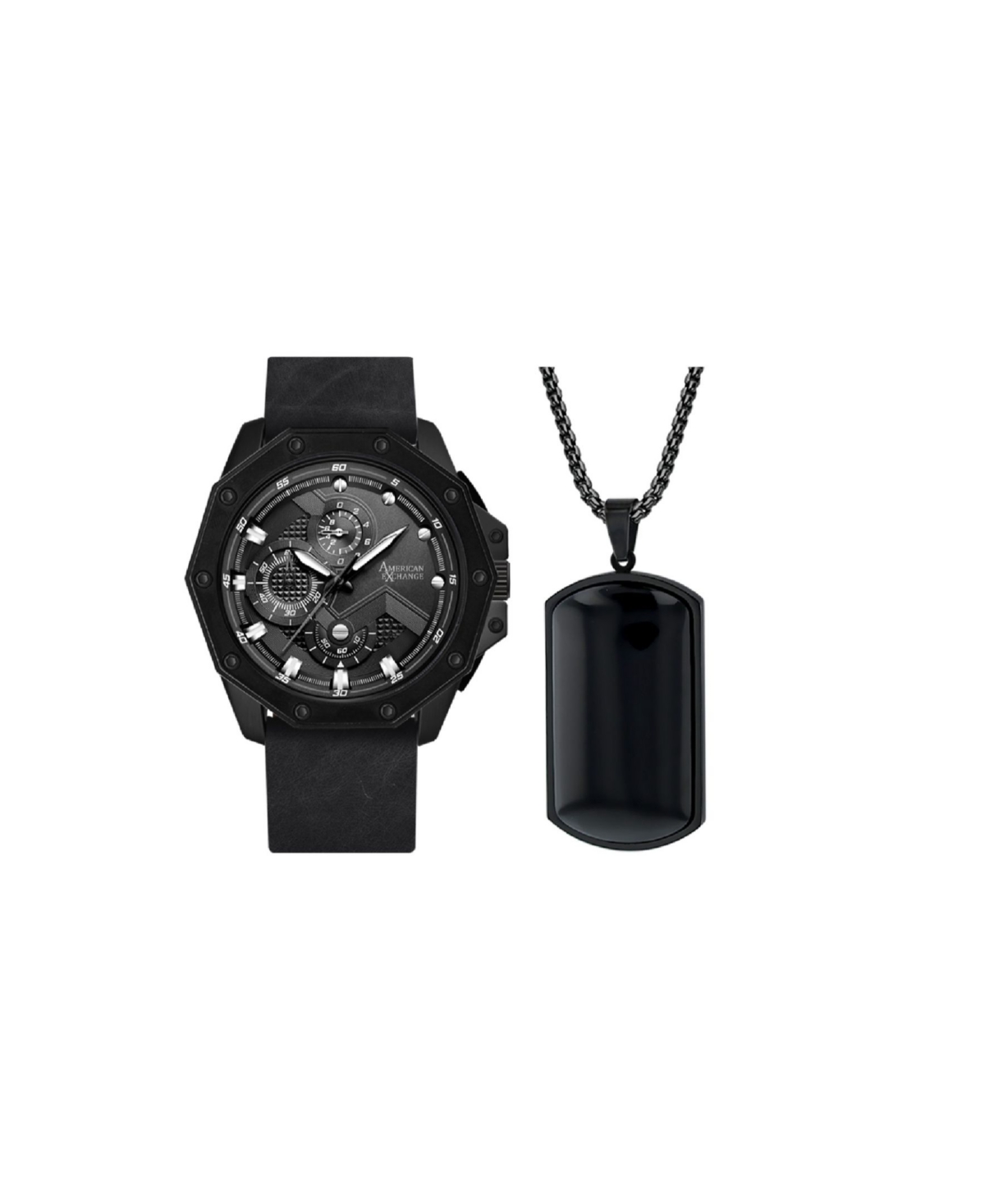 American Exchange Men's Analog Matte Black Leather Watch 48mm Gift Set, 2 Pieces