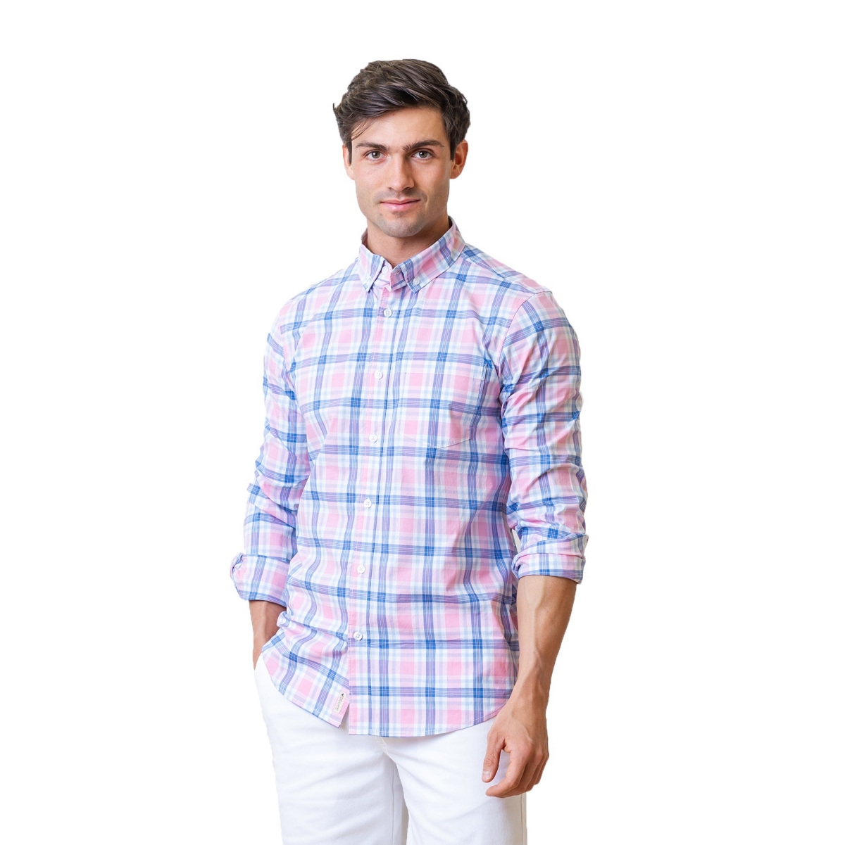 Mens' Poplin Button Down Shirt - Fresh Pink And Blue Plaid