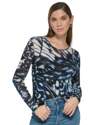 Calvin Klein - Women's Printed Layered Cutout Mesh Top