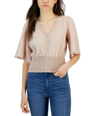 Crave Fame - Juniors' Crochet-Trim Tie-Back Top
