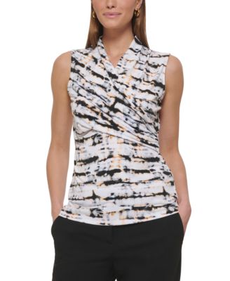 DKNY - Petite Printed Ruched Sleeveless Faux-Wrap Top