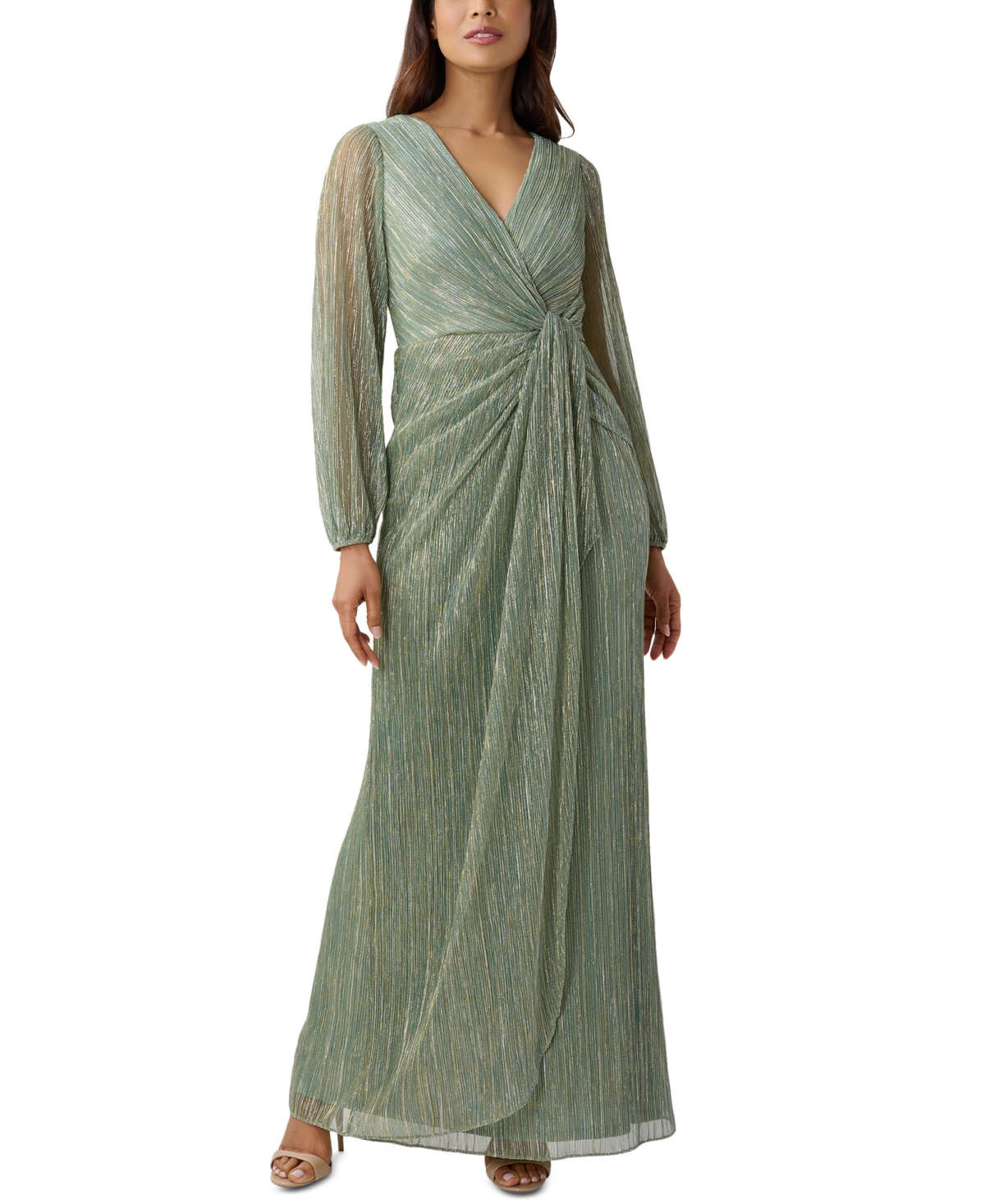 Shop Adrianna Papell Women's Metallic Crinkled Draped Gown In Green Slate