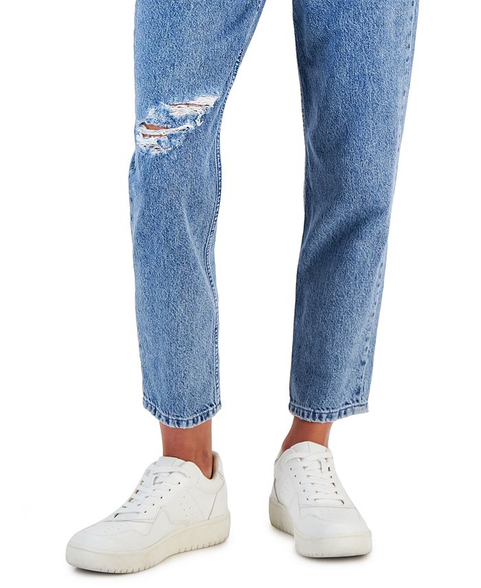 HUGO Women's Mid-Rise Ripped Tapered Relaxed Denim Jeans - Macy's
