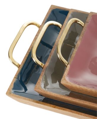 Multi Colored Mango Wood Tray with Enamel Interior, Set of 3, 24", 18", 15" W