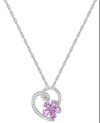 Macy's - Lab-Grown Pink Sapphire (3/4 ct. t.w.) & Lab-Grown White Sapphire (1/5 ct. t.w.) Flower in Heart 18" Pendant Necklace in Sterling Silver