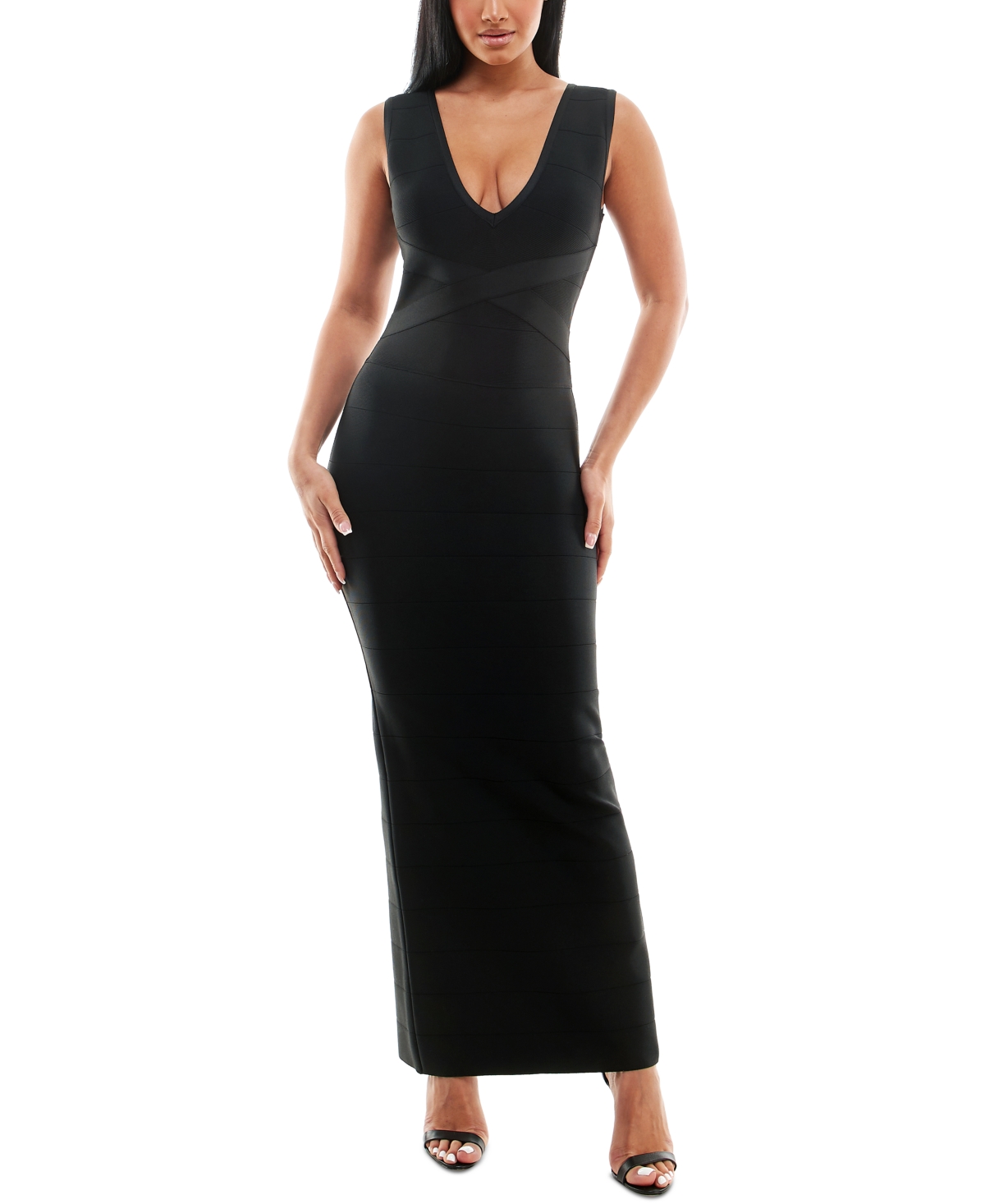 BEBE BEBE BANDAGE-TEXTURED V-NECK EVENING GOWN
