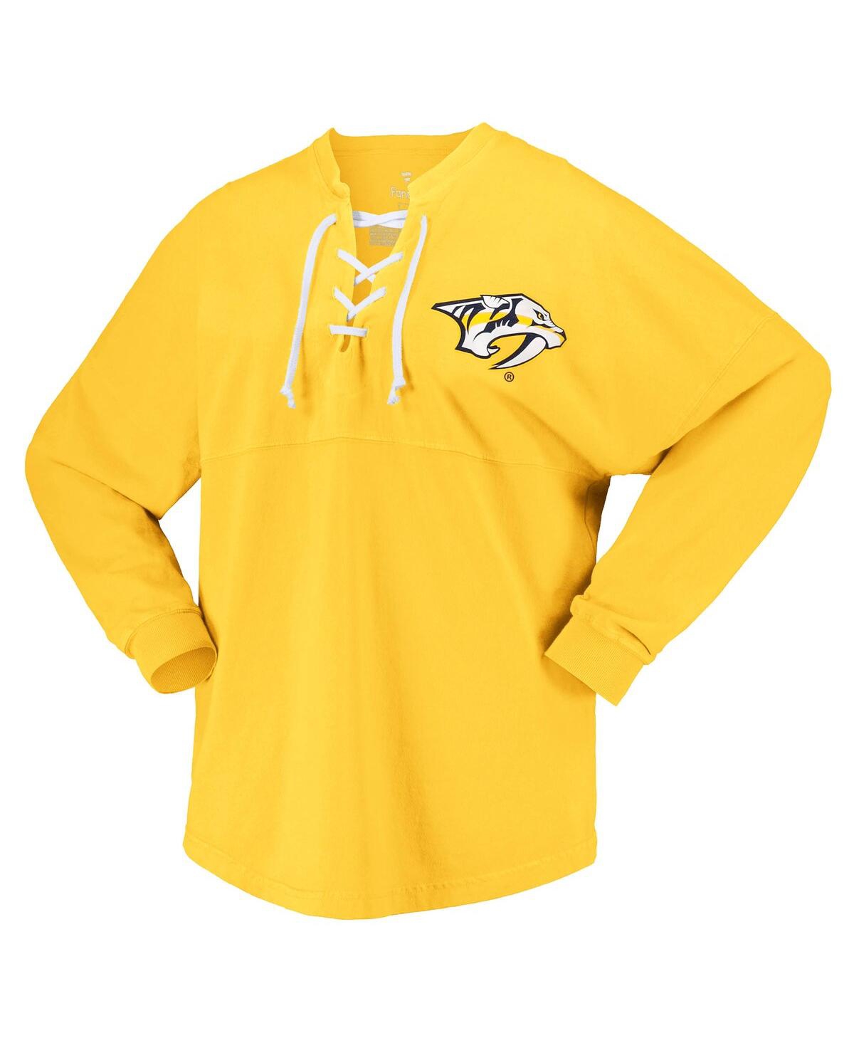 Shop Fanatics Women's  Gold Nashville Predators Spirit Lace-up V-neck Long Sleeve Jersey T-shirt
