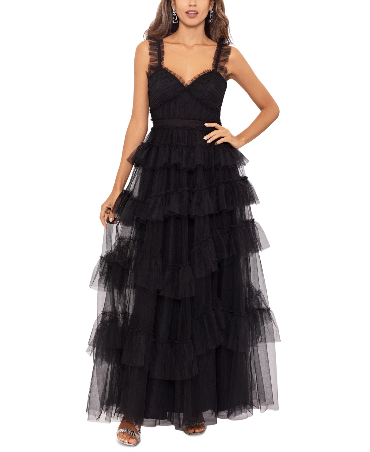 1940s Evening, Prom, Party, Formal, Ball Gowns Betsy  Adam Womens Ruffled Tiered Gown - Black $299.00 AT vintagedancer.com
