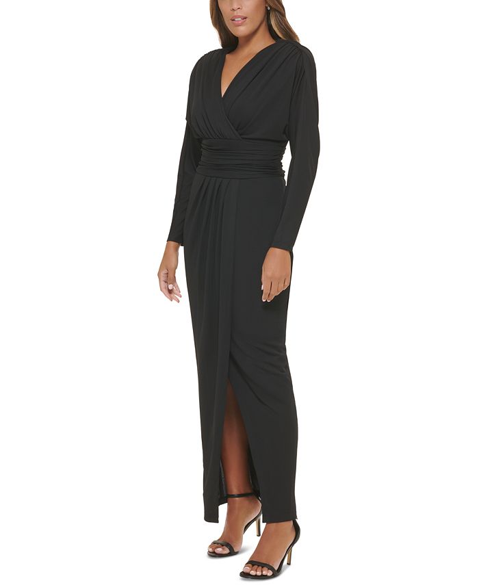 Calvin Klein MJ Surplice-Neck Ruched Jersey-Knit Gown - Macy's