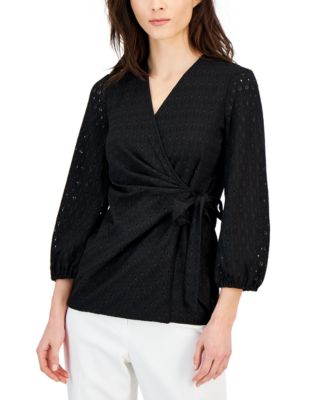 Anne Klein - Women's Dot-Lace Blouson-Sleeve Wrap Top