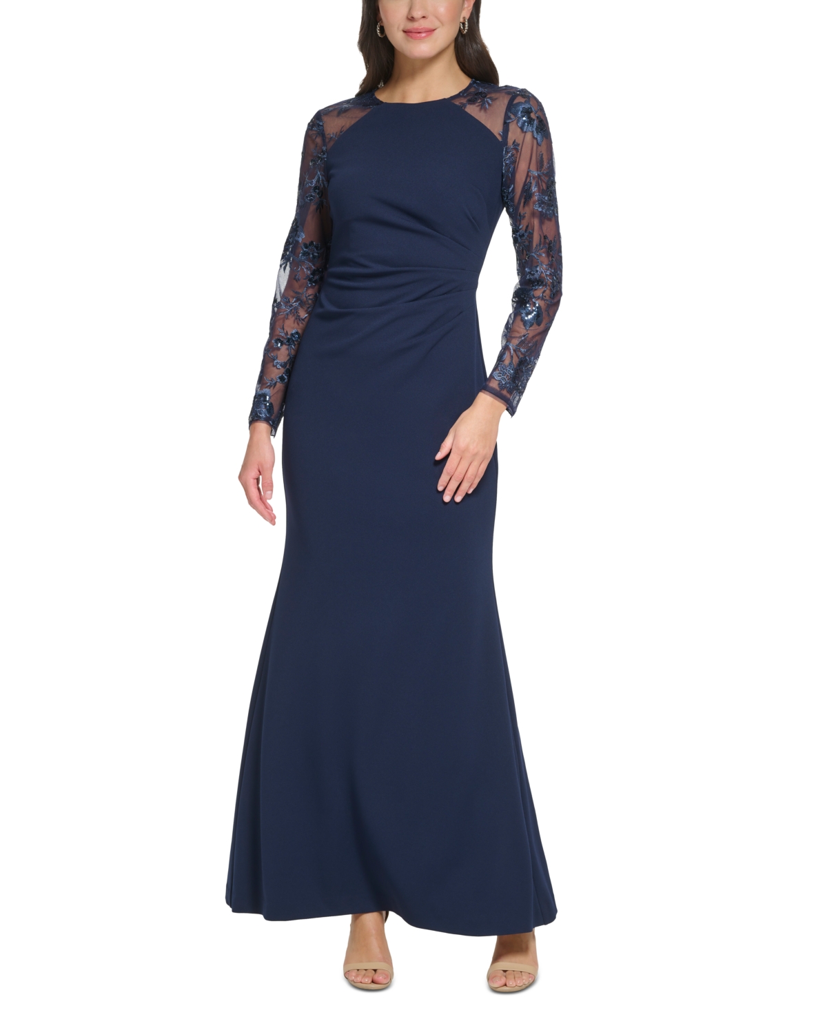 Women's Embellished Combo Side-Ruched Gown - Navy
