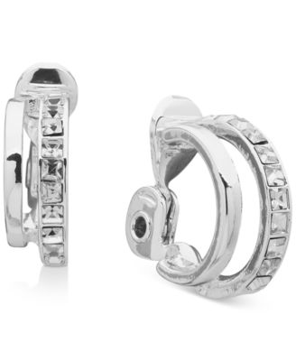 Anne Klein - Silver-Tone Crystal Clip-On Small Double Hoop Earrings, 0.75"