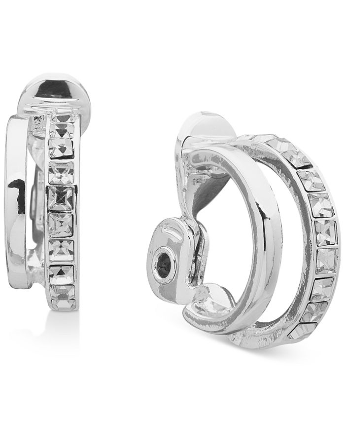 Anne Klein Silver Tone Crystal Double Hoop Clip Earrings White