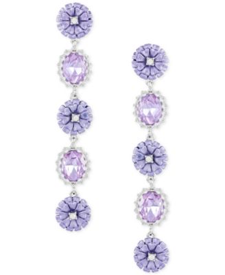 GUESS - Silver-Tone Mixed Crystal Purple Flower Linear Drop Earrings