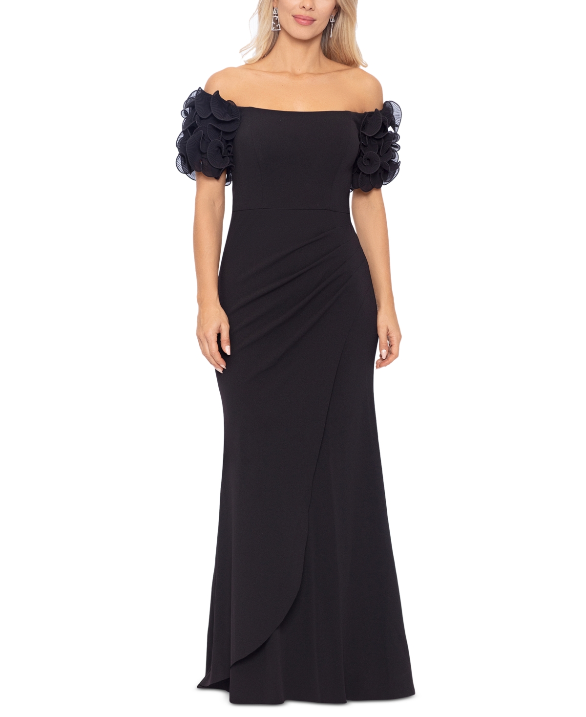 Xscape Off-the-shoulder Ruffled-sleeve Gown In Black