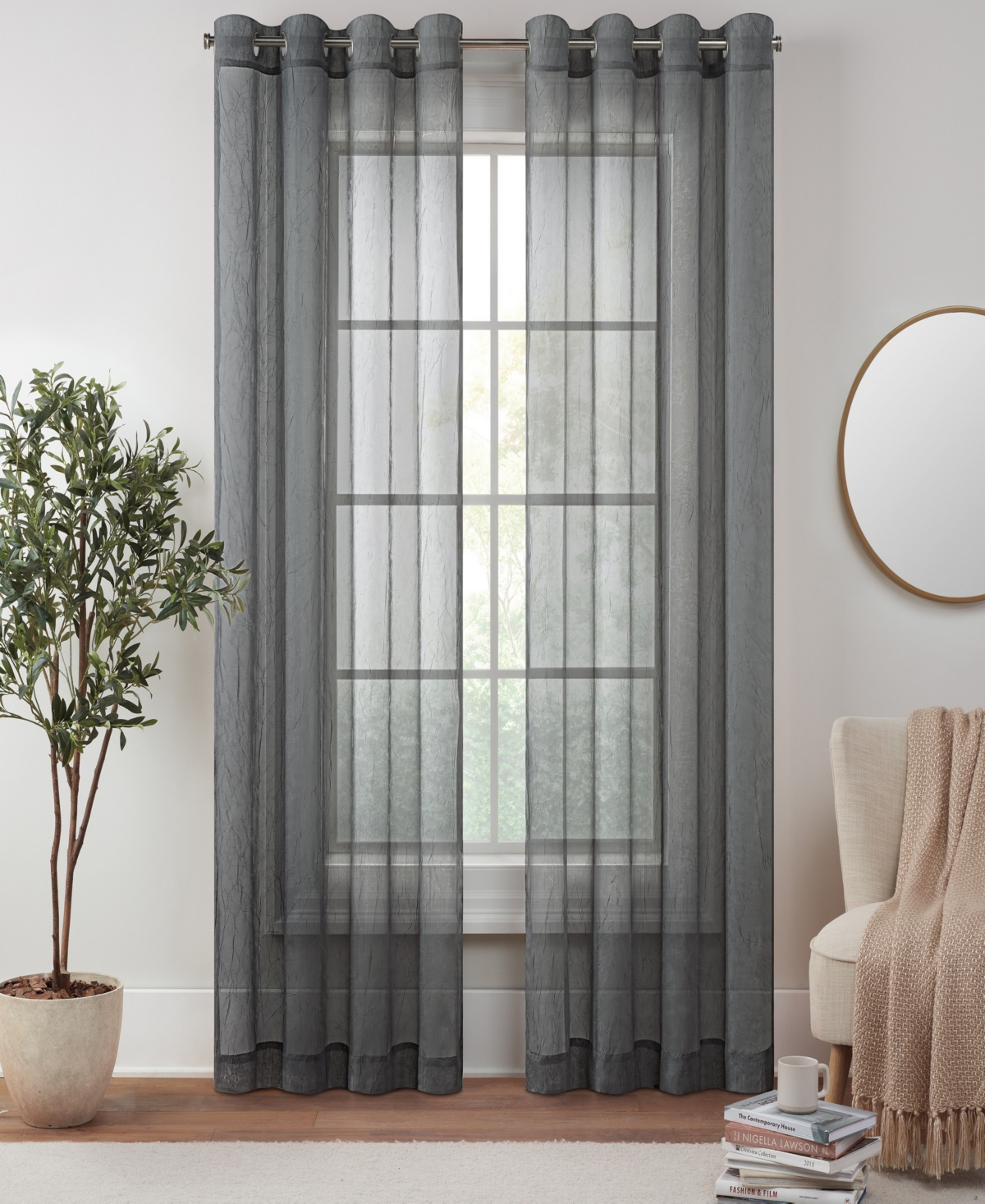 Eclipse Emina Crushed Sheer Voile Grommet Curtain Panel, 50" X 95" In Gray