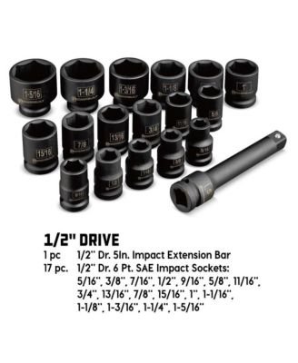 18 Piece 1/2 Inch Drive 6 Point SAE Impact Socket Set