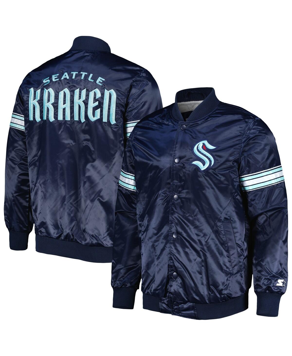 Starter Men's  Deep Sea Blue Seattle Kraken Pick And Roll Satin Full-snap Varsity Jacket