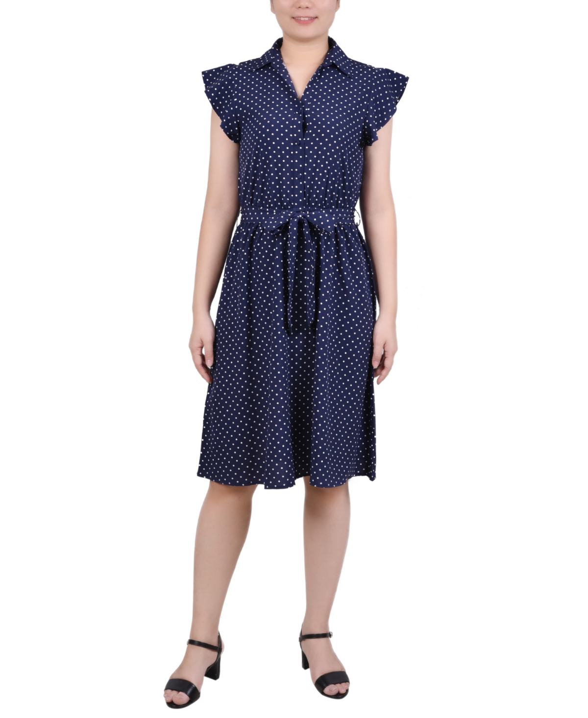 Ny Collection Plus Size Flutter Sleeve Belted Dress In Navy White Dot
