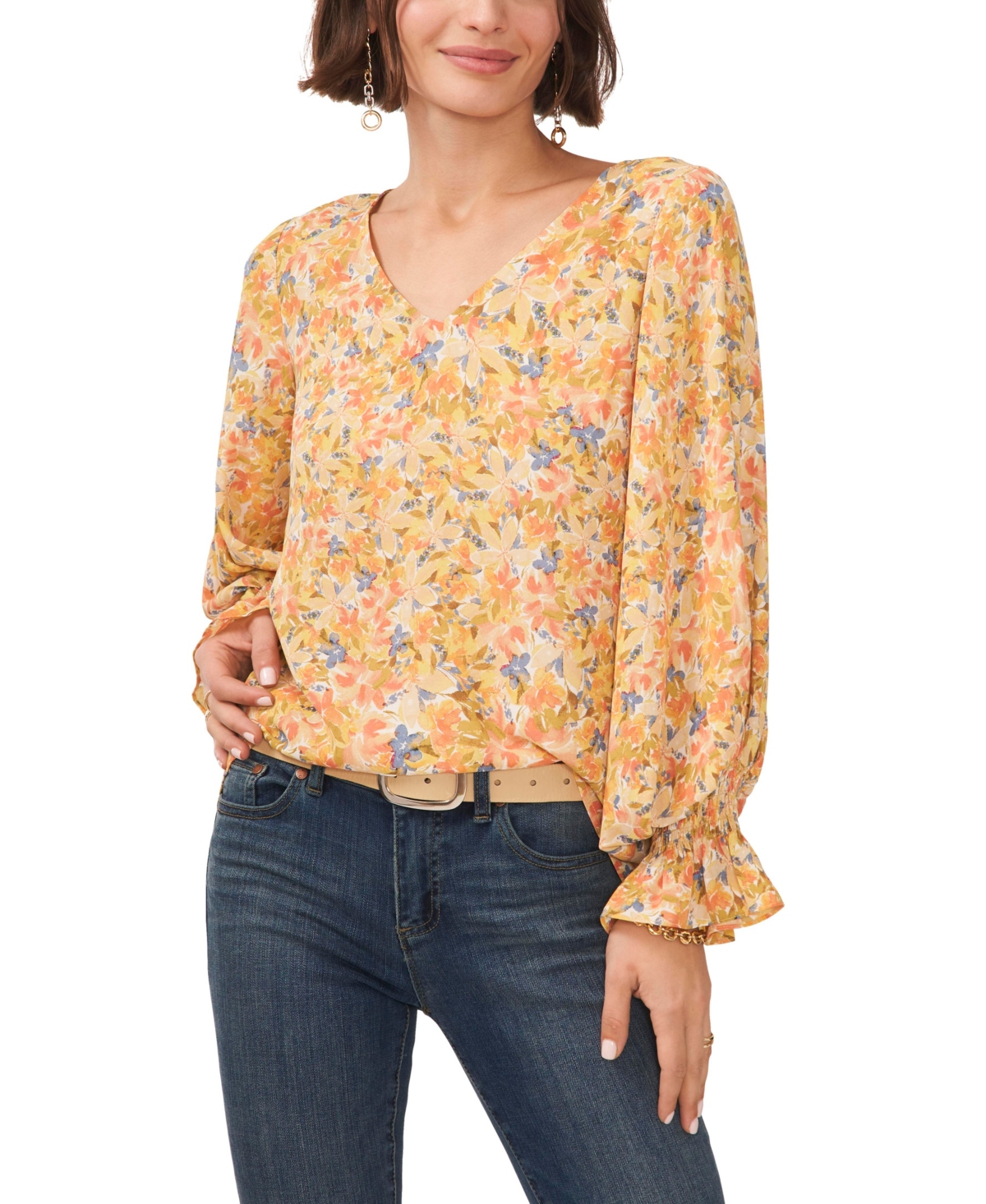 Vince Camuto Women's Long Sleeve Smocked Sleeve Shoulder V Neck Chiffon Blouse Green Size Small