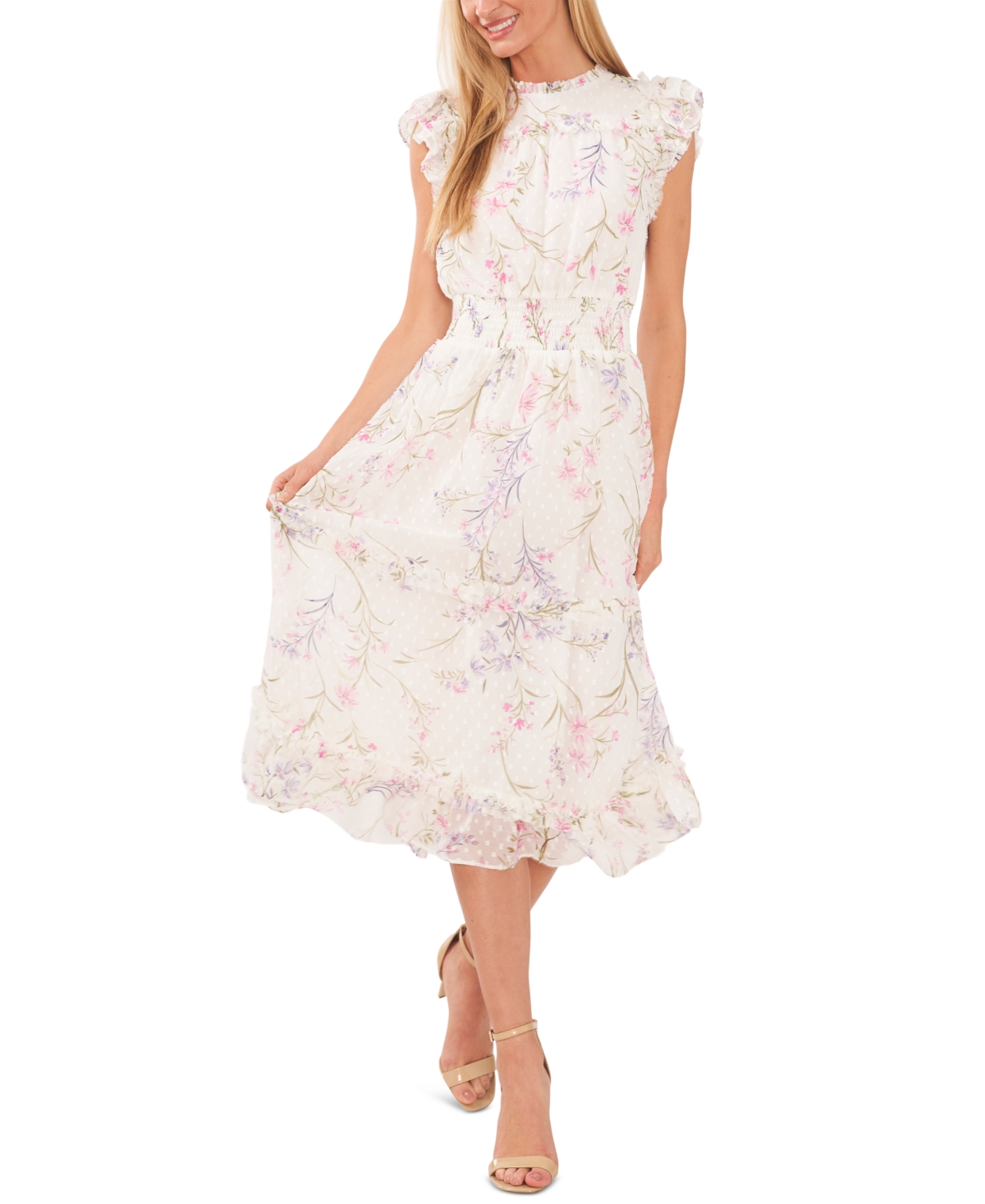 Cece Floral Clip Dot Smocked Ruffle Midi Dress In New Ivory