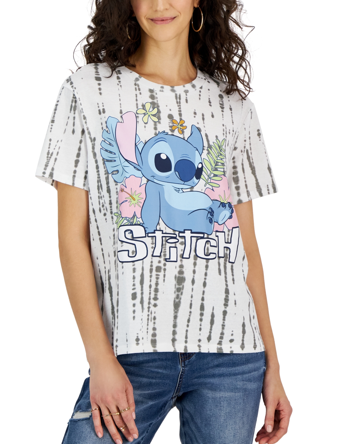 Disney Juniors' Floral Stitch Crewneck Graphic T-shirt In White