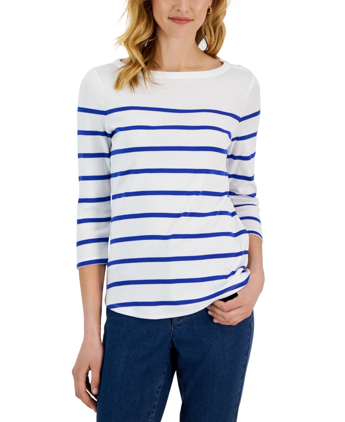 Charter Club Women's Striped Boat-Neck 3/4-Sleeve Top, Created for Macy's