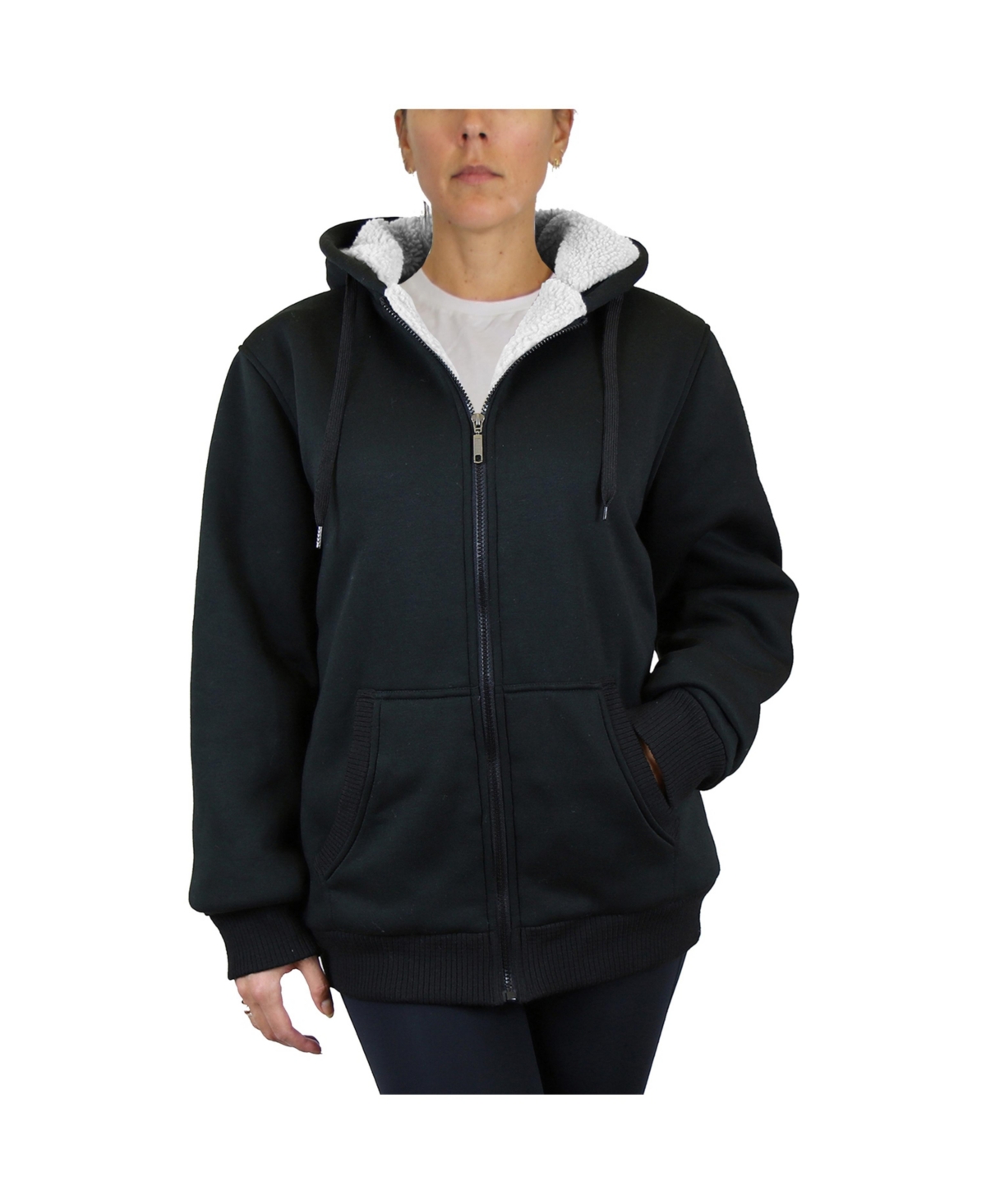 Galaxy By Harvic Women's Loose Fit Sherpa Lined Fleece Zip-up Hoodie Sweatshirt In Black