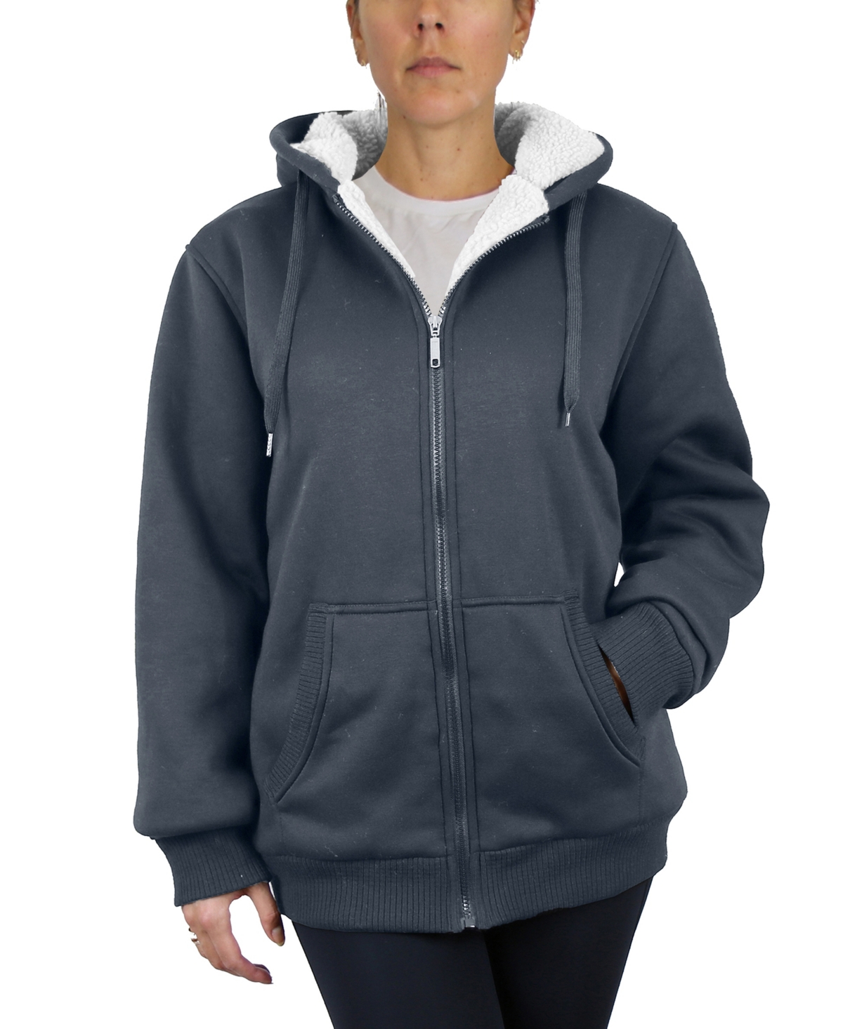 Galaxy By Harvic Women's Loose Fit Sherpa Lined Fleece Zip-up Hoodie Sweatshirt In Charcoal
