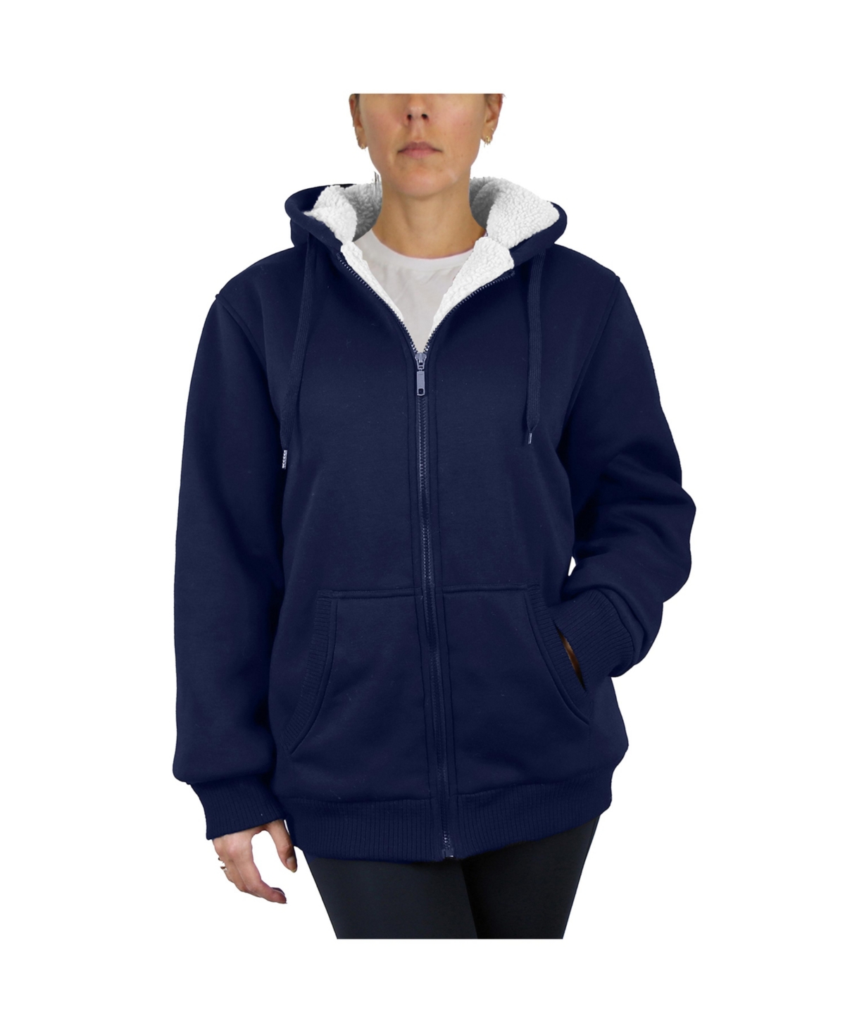 Women's Loose Fit Sherpa Lined Fleece Zip-Up Hoodie Sweatshirt - Navy