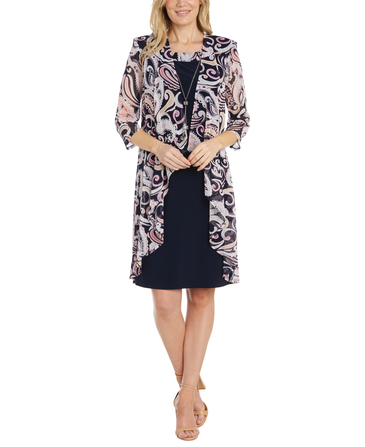 R & M Richards Women's 2-pc. Printed Jacket & Necklace Dress Set In Navy Pink