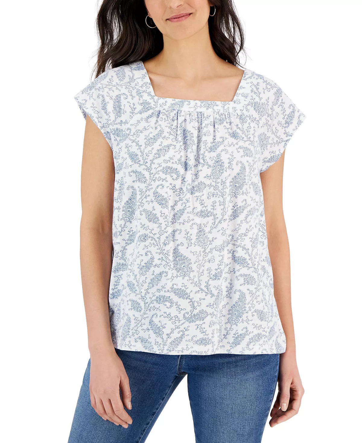 Women's Cotton Printed Square-Neck Flutter-Sleeve Top, Created for Macy's
