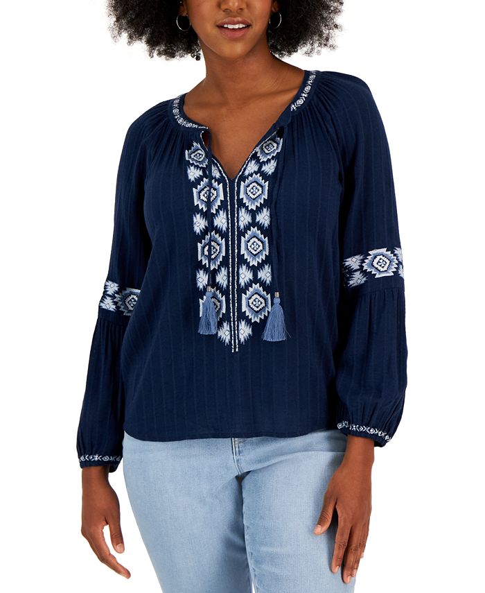 Style & Co Women's Drapey Tassel-Tie Peasant Blouse, Created for Macy's ...