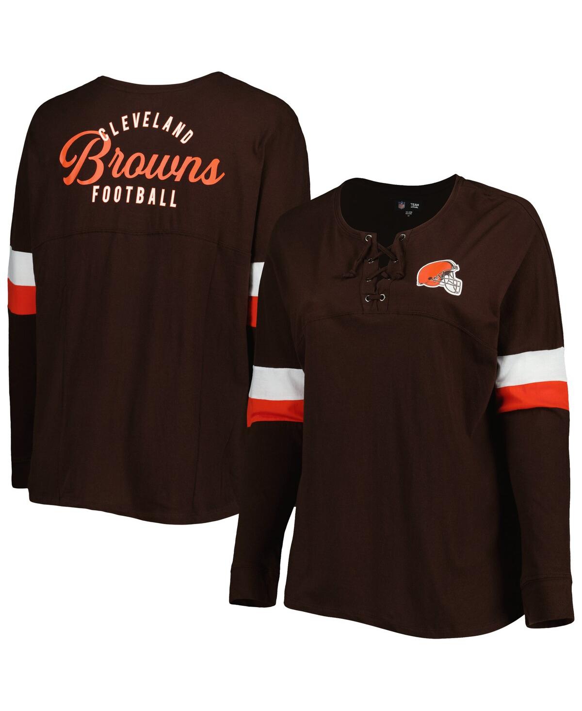 Shop New Era Women's  Brown Cleveland Browns Plus Size Athletic Varsity Lace-up V-neck Long Sleeve T-shirt