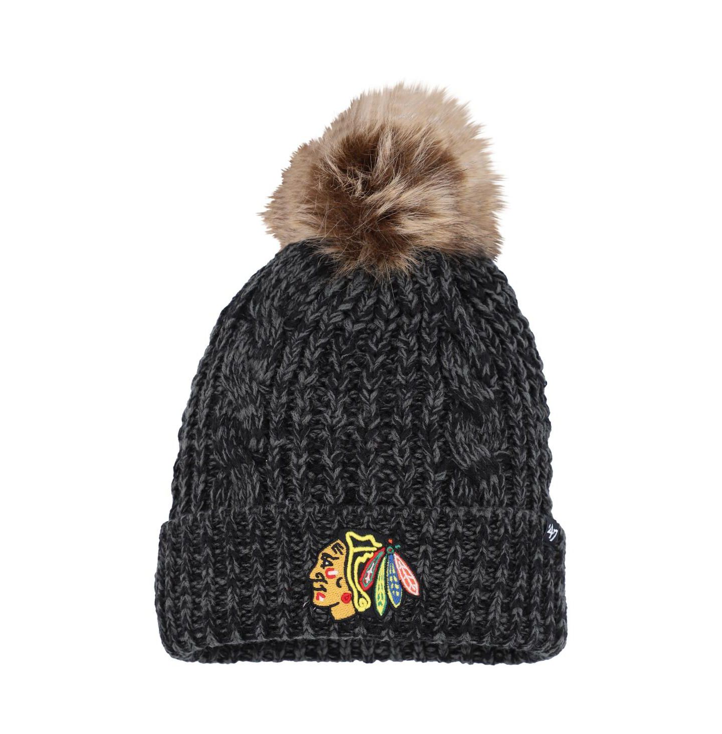 Женская шапка '47 Brand Black Chicago Blackhawks Meeko Cuffed Knit Hat with Pom — фото 1