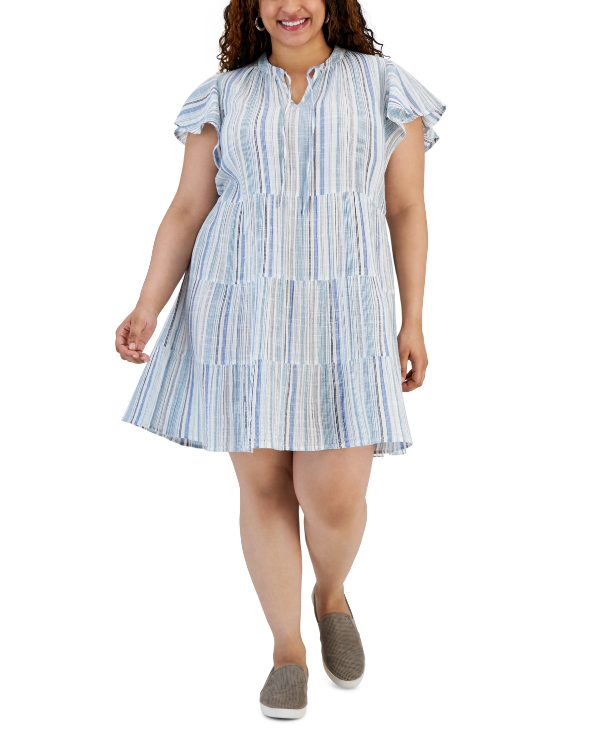 Style & Co Plus Size Printed Cotton Tiered Shirt Dress, Created For Macy's  In Melon White | ModeSens